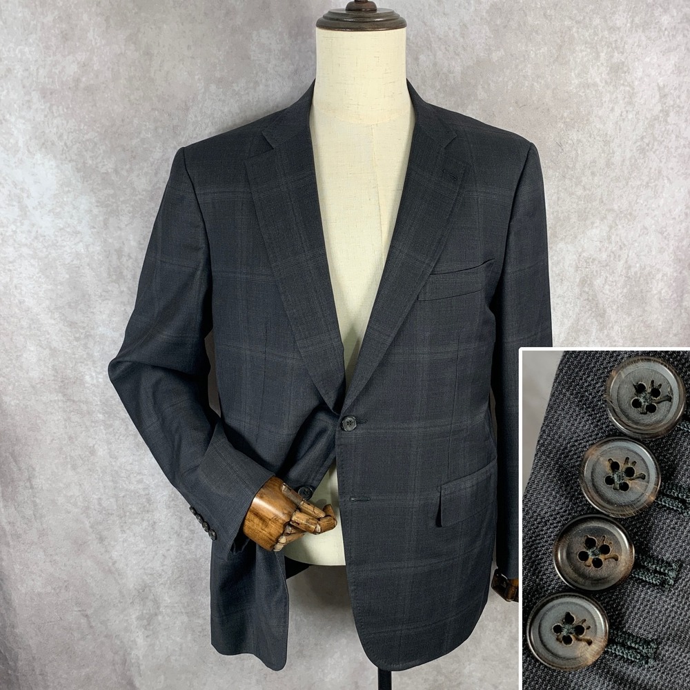 Isaia Napoli Jacket Blazer Men 46R Gray Windowpane Aquaspider Sport Coat Suit